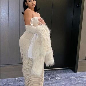 Strapless nude ruched midi dress